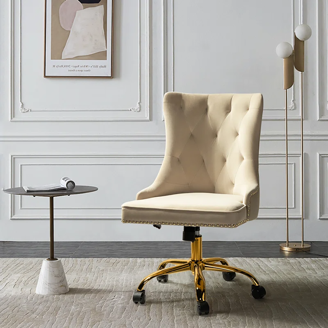 Doe Buck Velvet Swen task chair /study chair /office chair   for  study  Room, office  , swivel Armchair  with Gold base