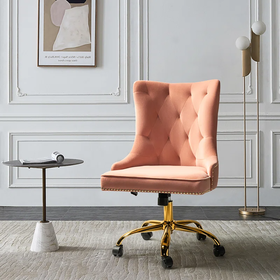 Doe Buck Velvet Swen task chair /study chair /office chair   for  study  Room, office  , swivel Armchair  with Gold base