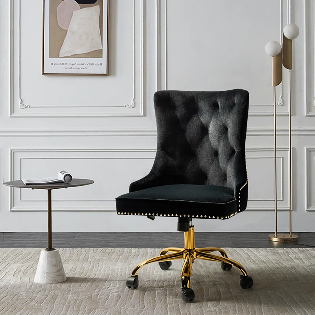 Doe Buck Velvet Swen task chair /study chair /office chair   for  study  Room, office  , swivel Armchair  with Gold base