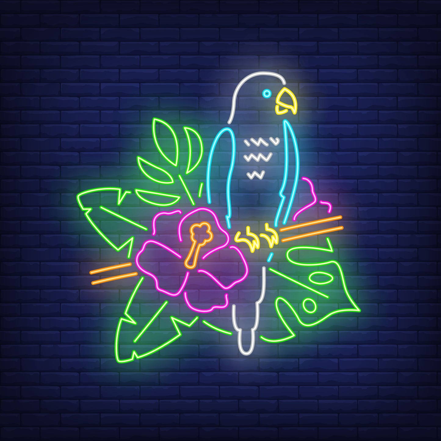 Neon Lights Parrot with Flower Leaves Branch - Vibrant LED Wall Art Decor