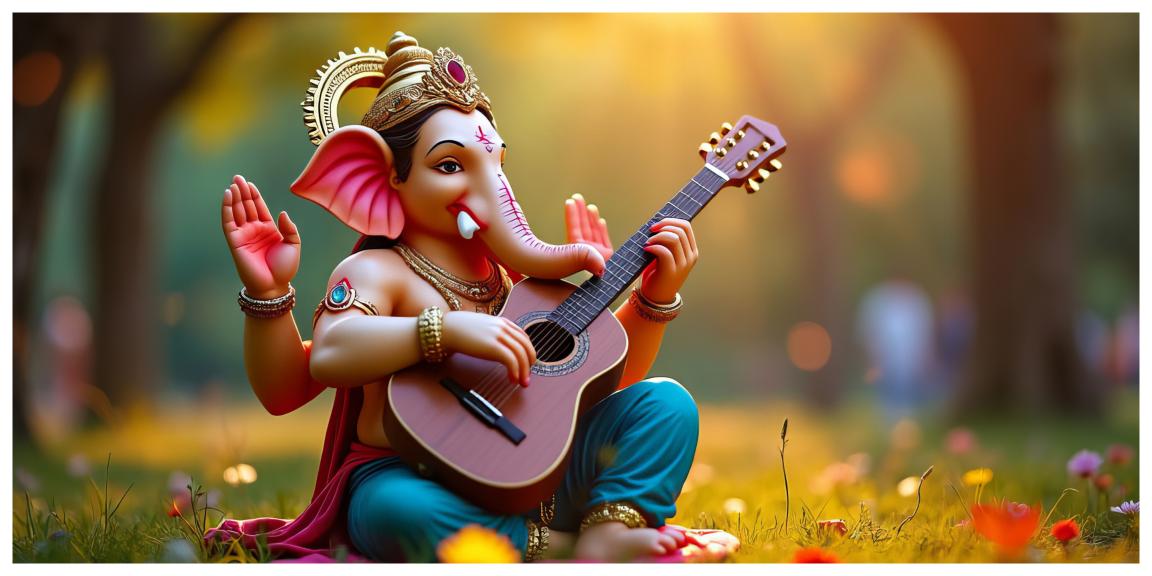 Four Arms Ganesh Ji Playing Guitar Statue - Unique Artistic Decor