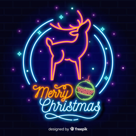 "Neon Light 'Merry Christmas' in Circle with Deer - Light Blue"