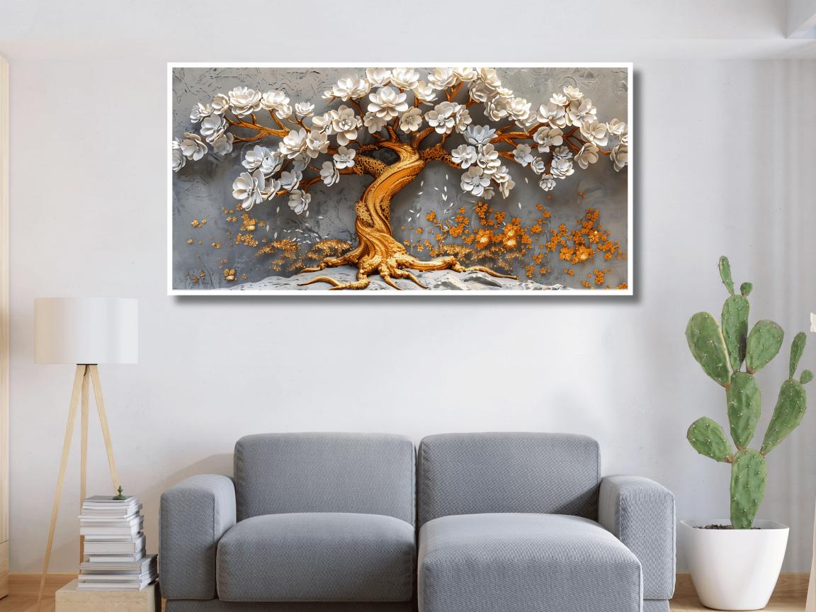 Golden Tree With White Flower: Wall Paintings by Canvas Myntra