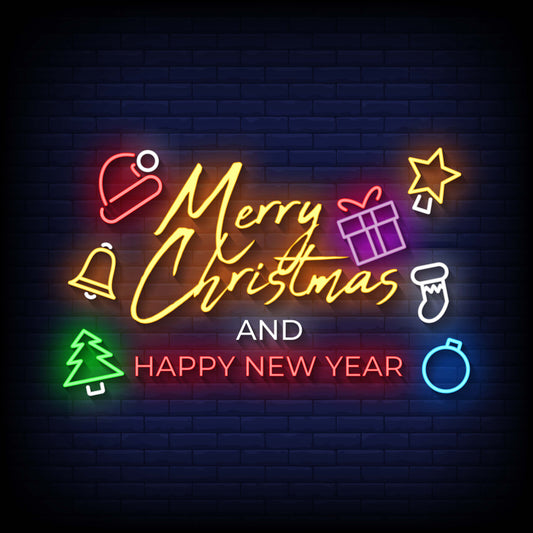 Neon Lights Marry Christmas and Happy New Year with Christmas Elements in Multicolor