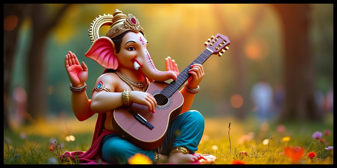 Four Arms Ganesh Ji Playing Guitar Statue - Unique Artistic Decor