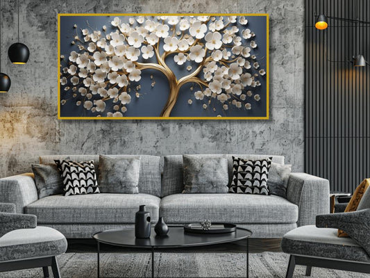 Vintage Gold Tree with white Flower: Wall Paintings by Canvas Myntra