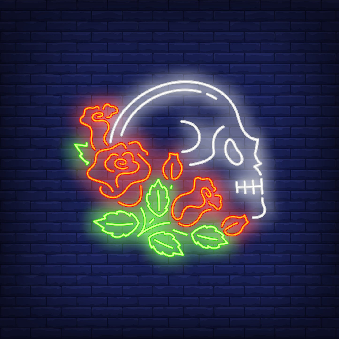 Neon Light Skeleton Head Decorated with Rose & Leaves