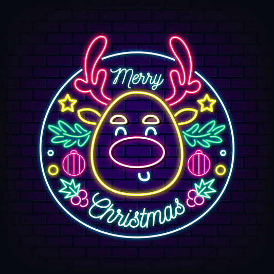 Neon Lights Marry Christmas with Deer Face Cut Design