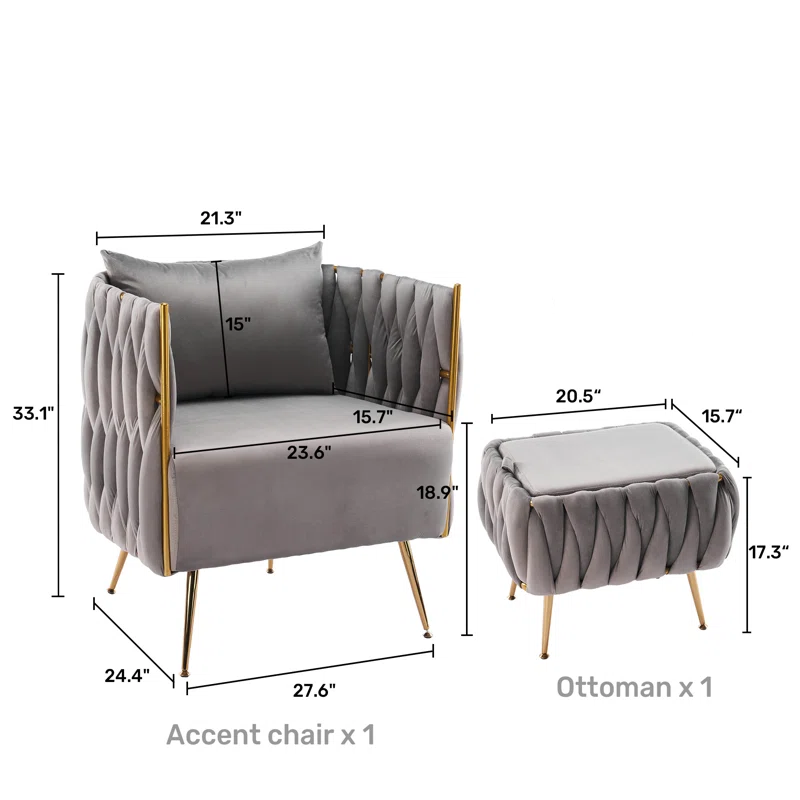 Doe Buck Velvet vegan  Accent Chair with ottoman /Lounge Chair for  Living Room, Bedroom, Armchair Sofa Chair with Gold Legs.