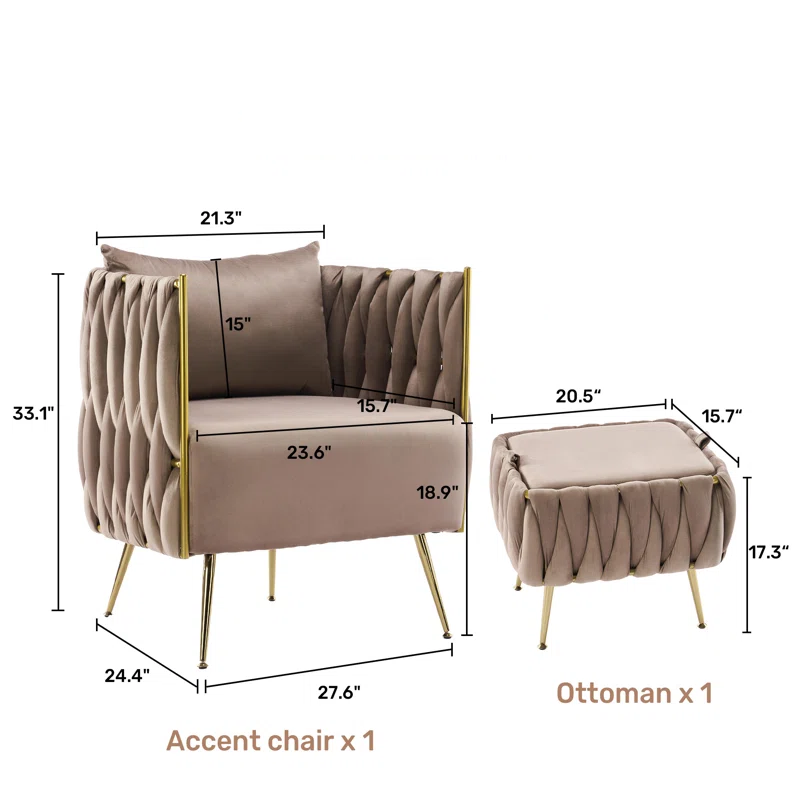 Doe Buck Velvet vegan  Accent Chair with ottoman /Lounge Chair for  Living Room, Bedroom, Armchair Sofa Chair with Gold Legs.