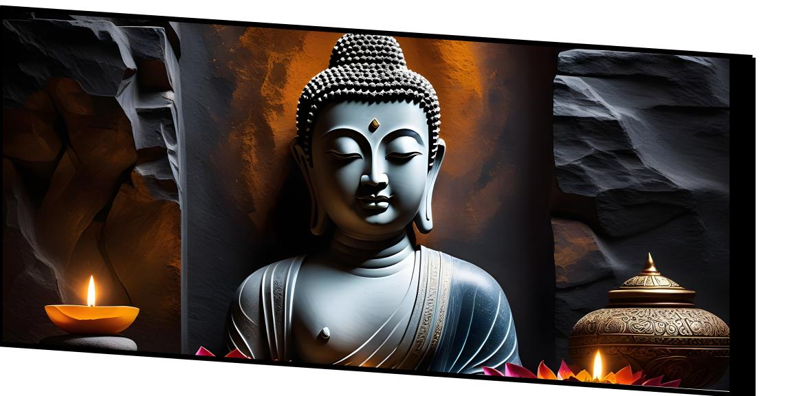 "Buddha Statue with Rock Wall Background - Serene Home Decor"