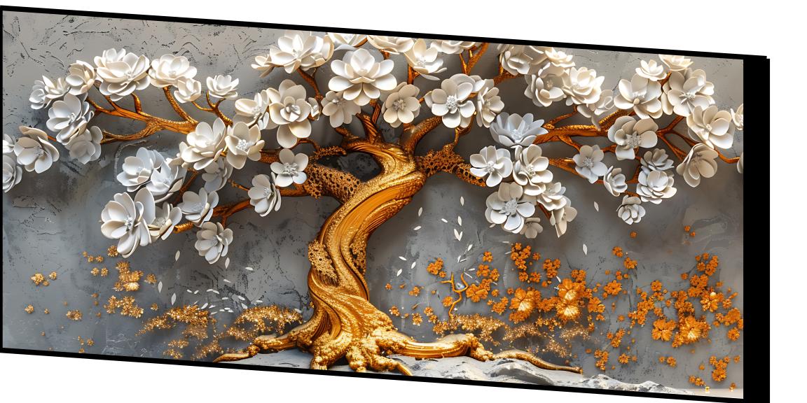 Golden Tree With White Flower: Wall Paintings by Canvas Myntra