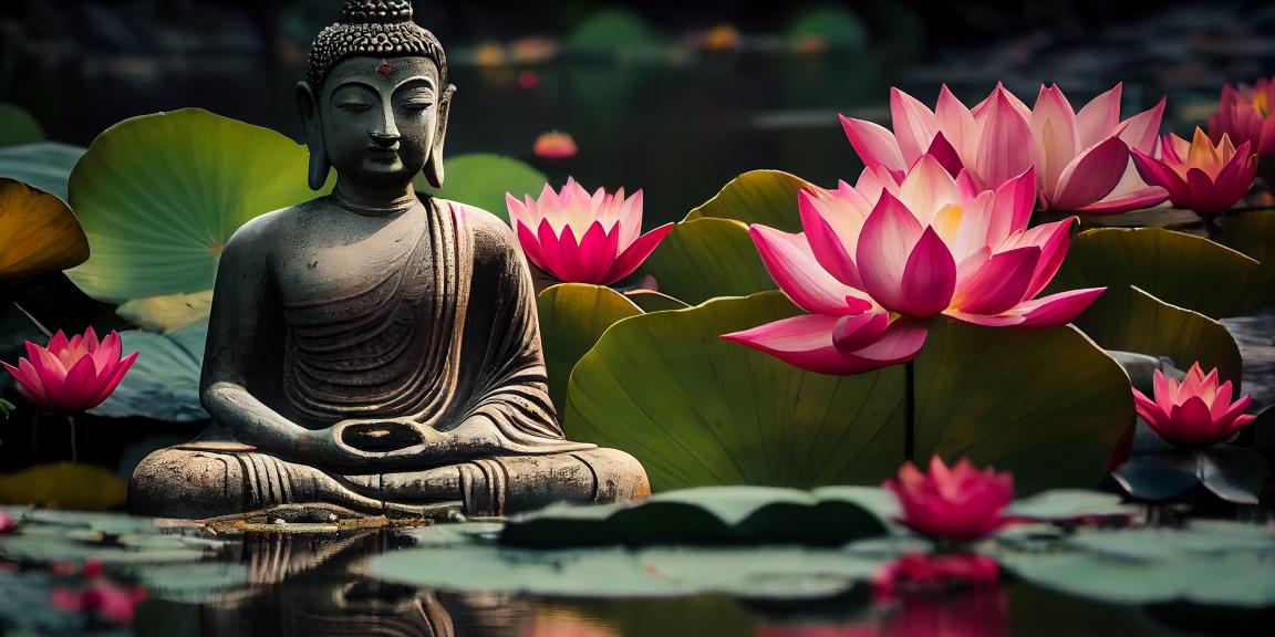 Buddha Ji Sitting in Water with Many Lotus Flowers