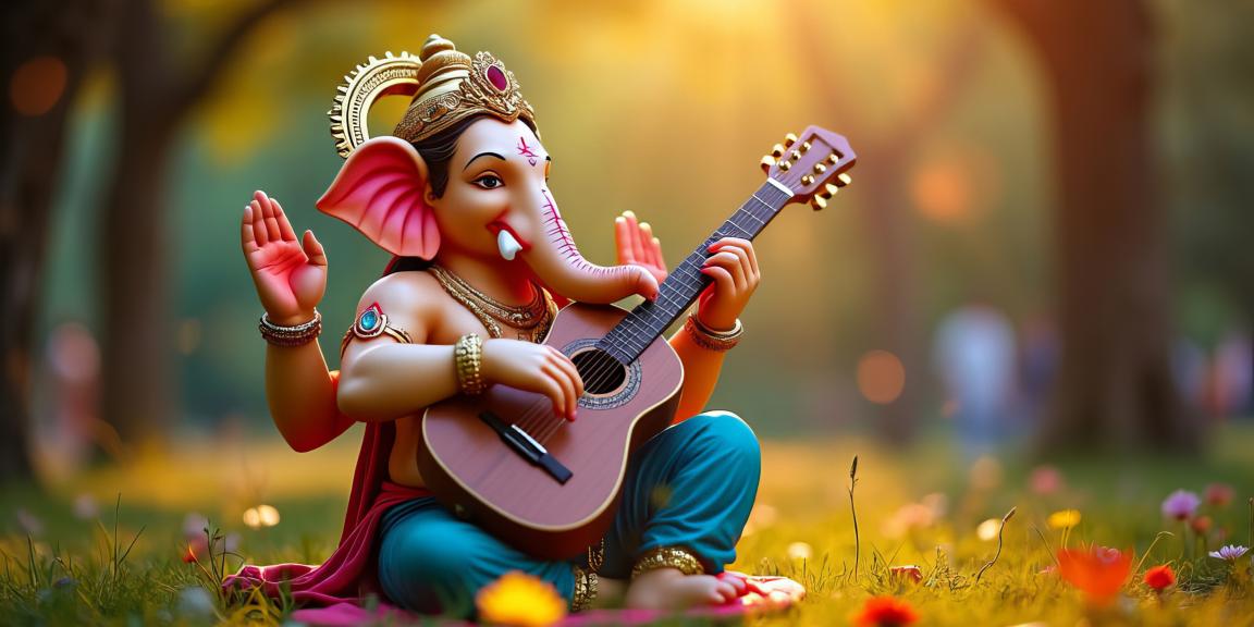 Four Arms Ganesh Ji Playing Guitar Statue - Unique Artistic Decor