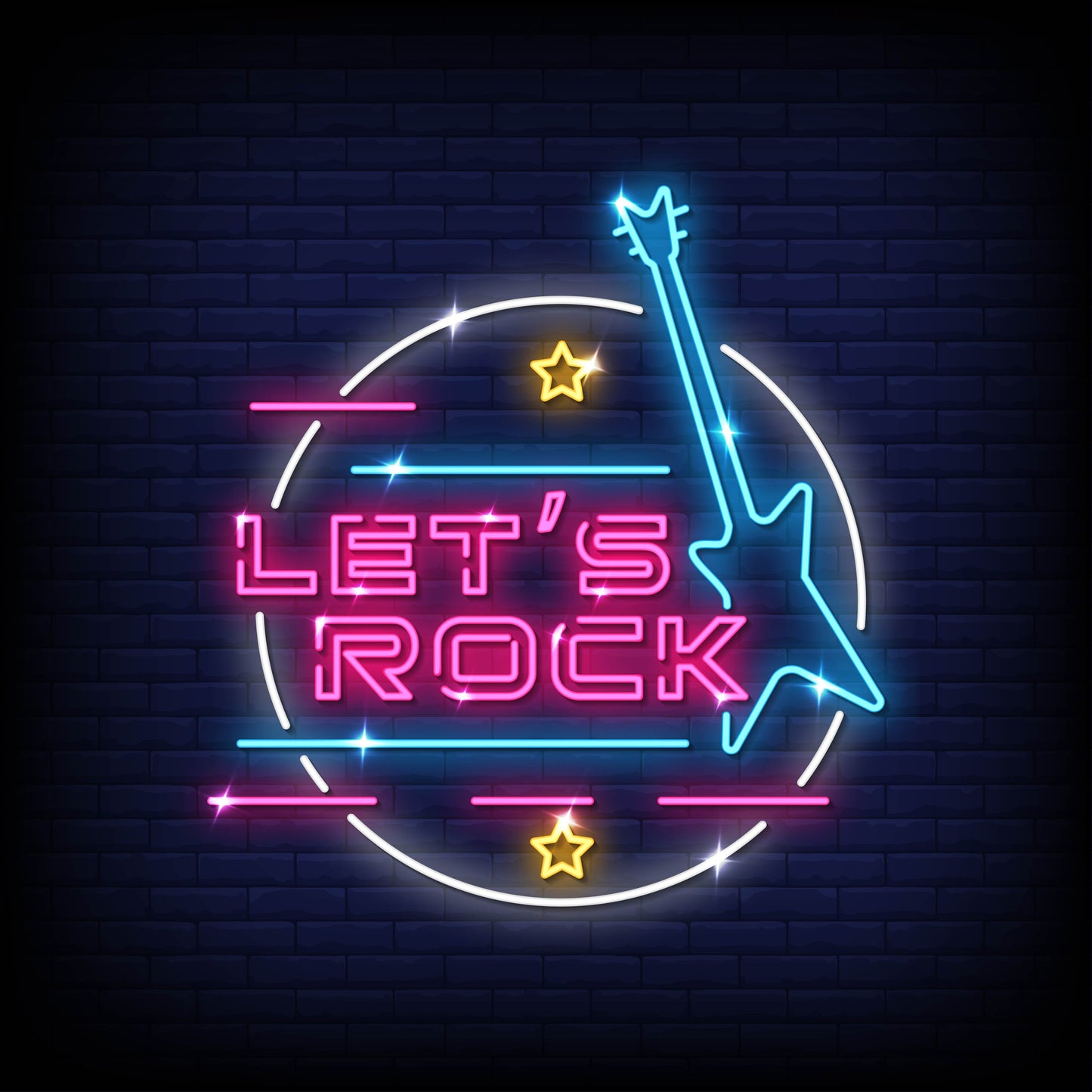 "Neon Light 'Let's Rock' with Guitar in Blue and Pink Color"