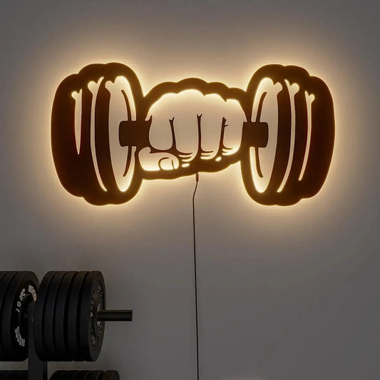 Dumble-Shaped Backlit Acrylic Wall Art for Gym | Unique Fitness Decor