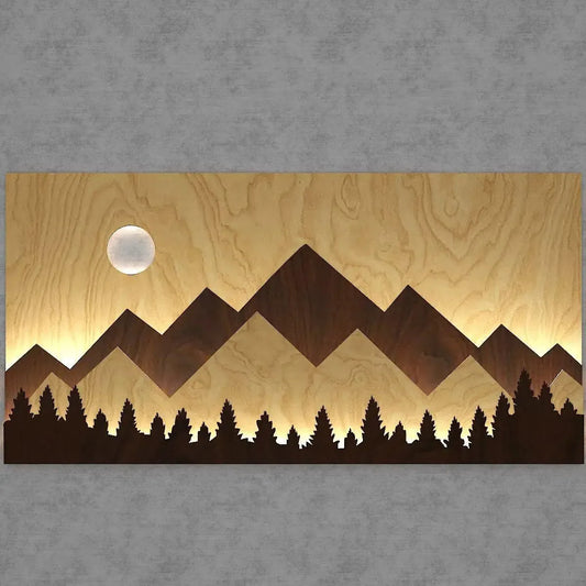 Layred Mountain Pallat Woood Art with Backlit Wood Wall Décor / Night Light, Walnut or Oak Finish