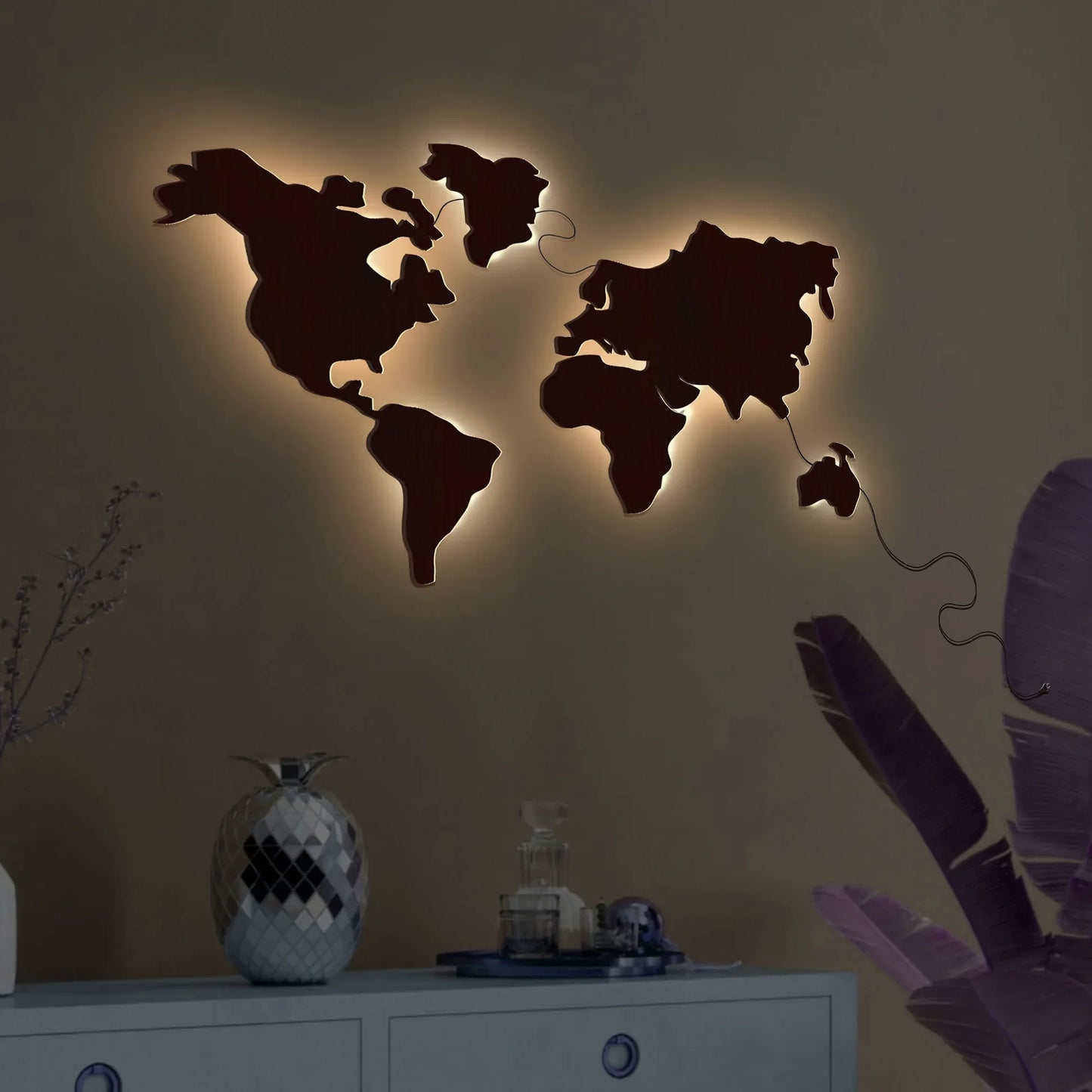 World Map Backlit Wooden Wall Decor with LED Night Light Walnut Finish