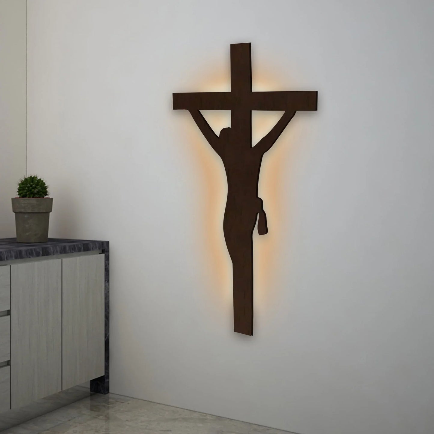 Jesus Crosses Backlit Wooden Wall Hanging with LED Night Light | Walnut Finish