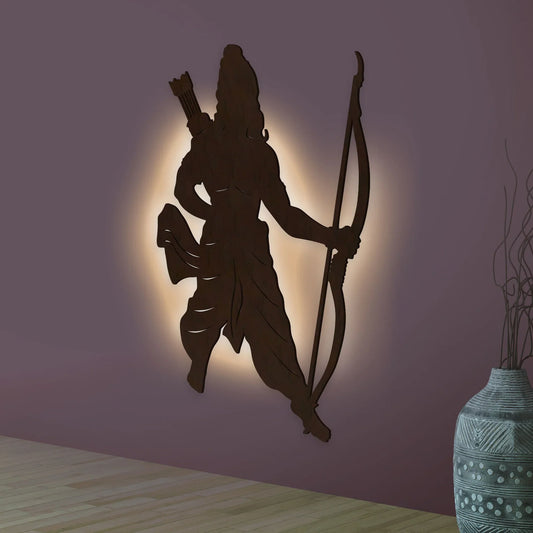 Lord Shree Ram Backlit Wooden Wall Decor with LED Night Light Walnut Finish