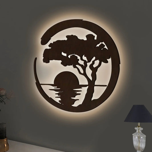 Beautiful Sunset Scenery Backlit Wooden Wall Decor with LED Night Light Walnut Finish