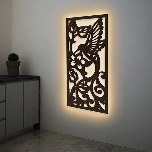 Beautiful Bird with Flower Backlit Wooden Wall Hanging with LED Night Light Walnut Finish