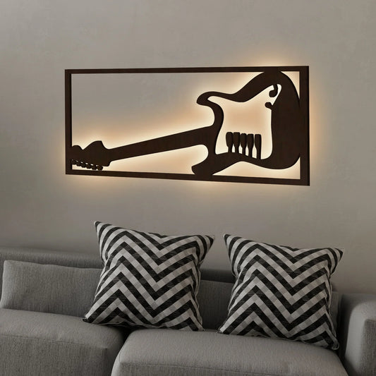 Designer Guitar Backlit Wooden Wall Decor with LED Night Light | Walnut Finish