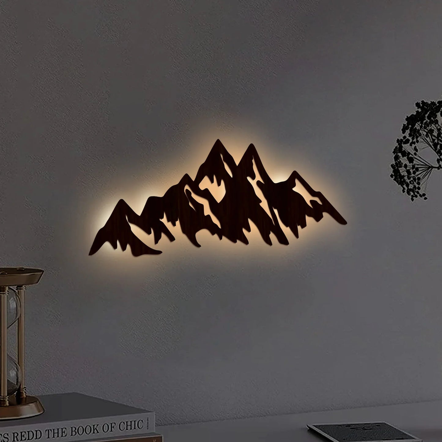 Himalayan Mountain Backlit Wooden Wall Art | LED Night Light in Walnut Finish