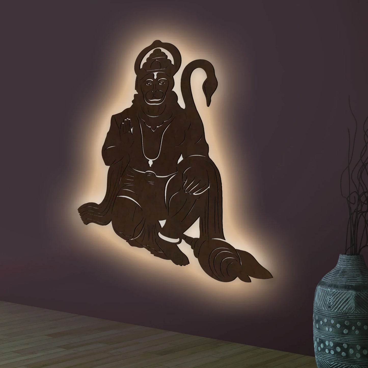 Lord Hanuman Ji Shape Backlit Designer Wooden Wall Shelf / Book Shelf / Night Light, Walnut Finish