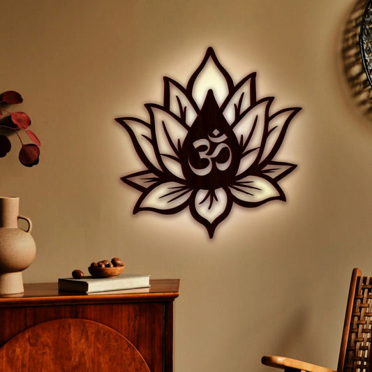 Hindu OM Inside Lotus Flower Backlit Wooden Wall Decor with LED Night Light | Walnut Finish