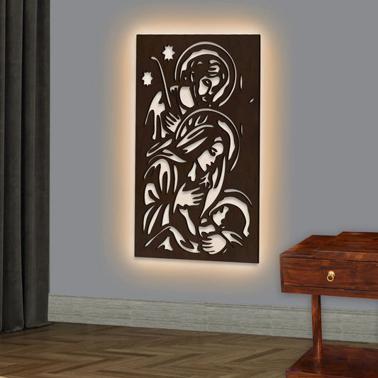 Baby Jesus Virgin Mary Joseph Holy Family Backlit Wooden Wall Hanging with LED Night Light Walnut Finish