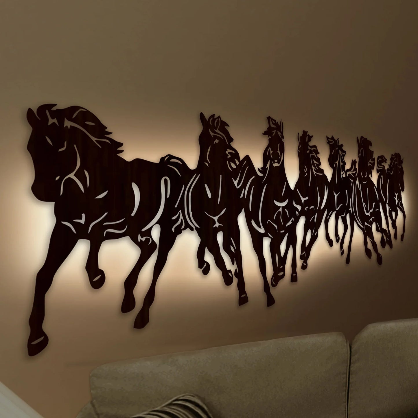 Beautiful 7 Running Horses Backlit with LED Wooden Wall Hanging