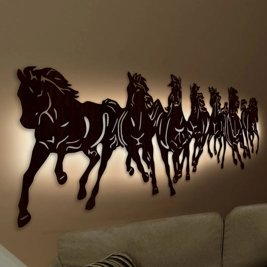 Beautiful 7 Running Horses Backlit with LED Wooden Wall Hanging