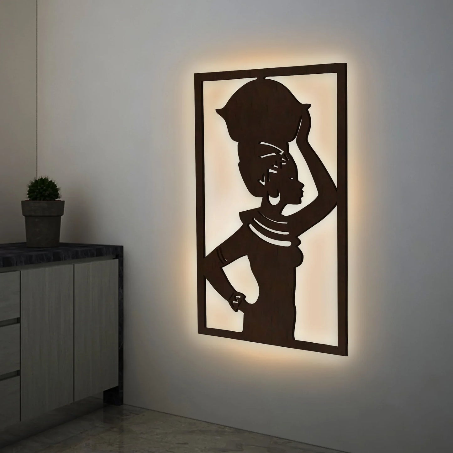 Beautiful African Women Backlit Wooden Wall Hanging with LED Night Light Walnut Finish