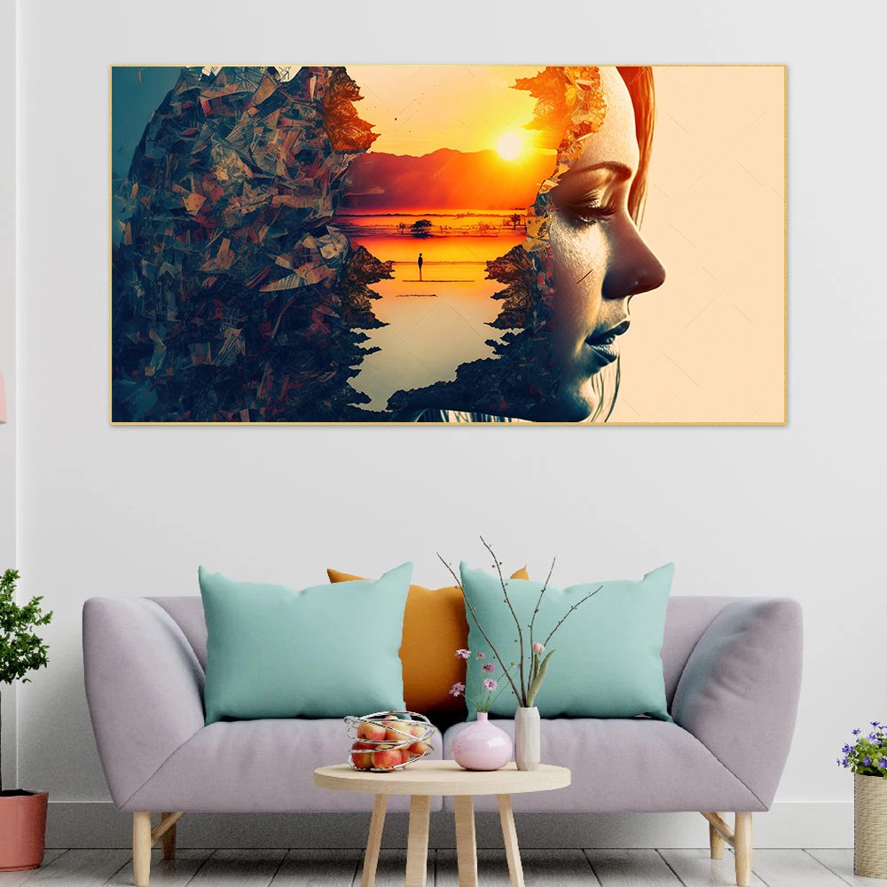 Canvas Myntra double-exposure-woman-portrait-with-orange-sunset-peaceful-mind Canvas Wall Painting for Living Room, Bedroom, Office.