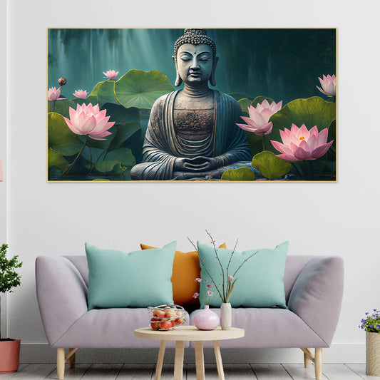 Canvas Myntra buddhist-meditates-tranquil-pond-surrounded-by-lotus Canvas Wall Painting for Living Room, Bedroom, Office.