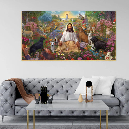 Divine Companionship | Jesus and His Dogs in the Garden Canvas | Wall Painting