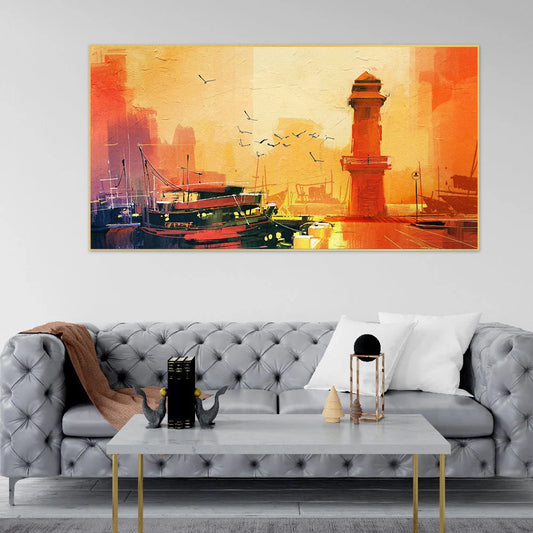 Canvas Myntra | Lighthouse Dreams | Sunset Oil Painting | Fishing Boat Canvas Art