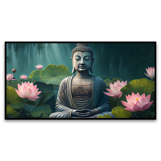 Canvas Myntra buddhist-meditates-tranquil-pond-surrounded-by-lotus Canvas Wall Painting for Living Room, Bedroom, Office.