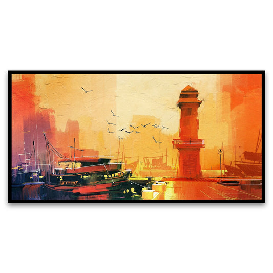 Canvas Myntra | Lighthouse Dreams | Sunset Oil Painting | Fishing Boat Canvas Art