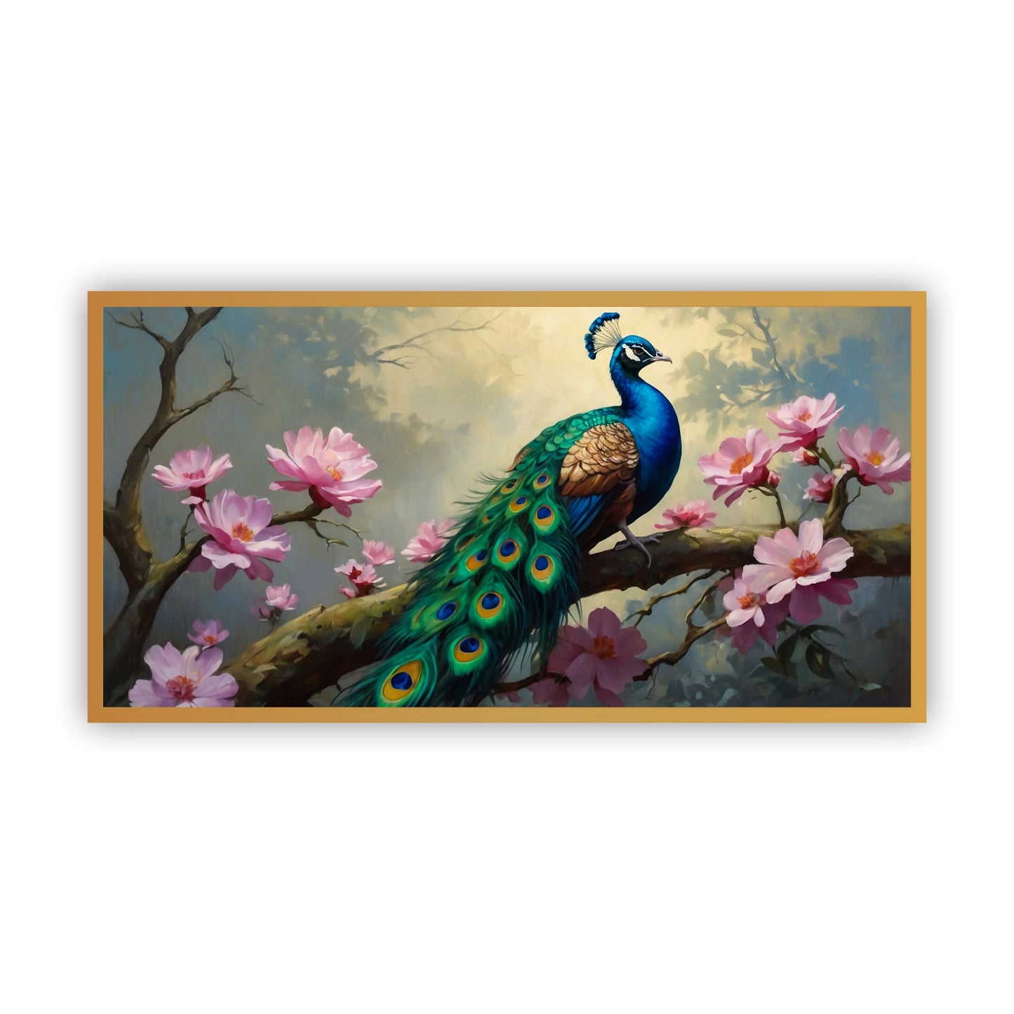 Elegant Peacock Painting with Pink Flowers | Perfect Wall Art for Meditation Spaces