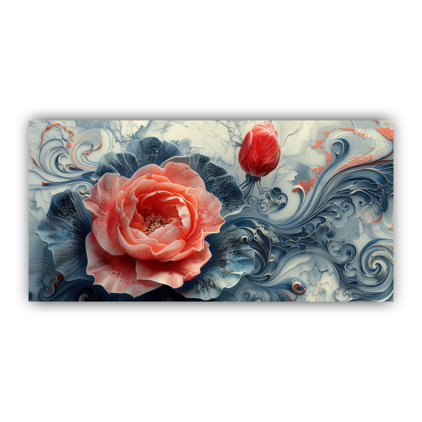 3D Flower Wall Painting | Unique Home Accent |  Drawing Room Wooden Framed Digital Painting