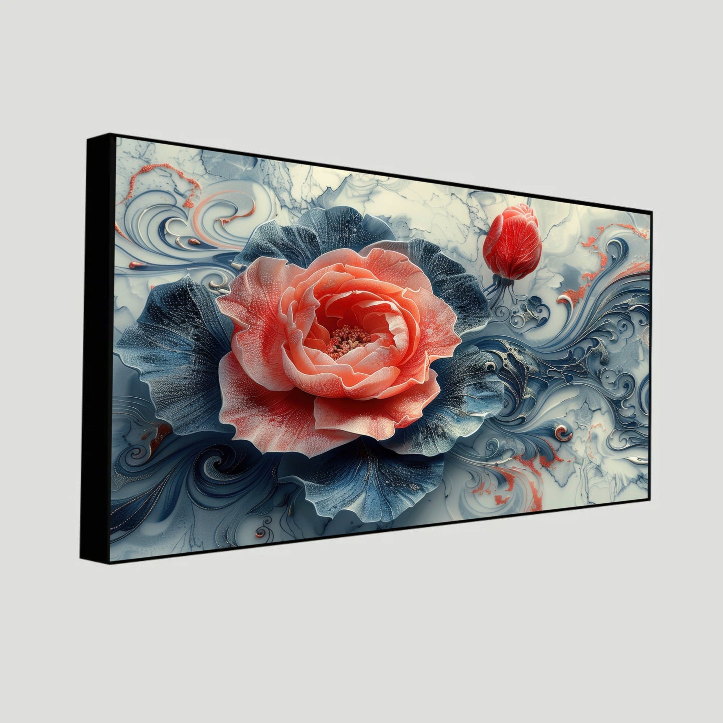 3D Flower Wall Painting | Unique Home Accent |  Drawing Room Wooden Framed Digital Painting