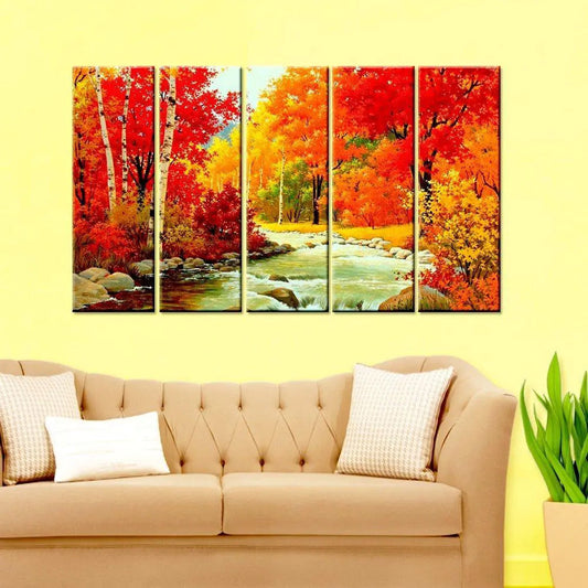 Multiple Wooden Frame Colorful Autumn Season Forest River Scenery Canvas Wall Painting for Living Room, Bedroom, Office Wall Decoration (24" x 8" Each Panel)