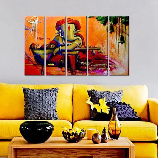 Multiple Wooden Framed Beautiful Lord Ganesha Modern Art Set of 5 Pieces Canvas Painting  for Living Room, Bedroom, Office Wall Decoration (24" x 8" Each Panel)