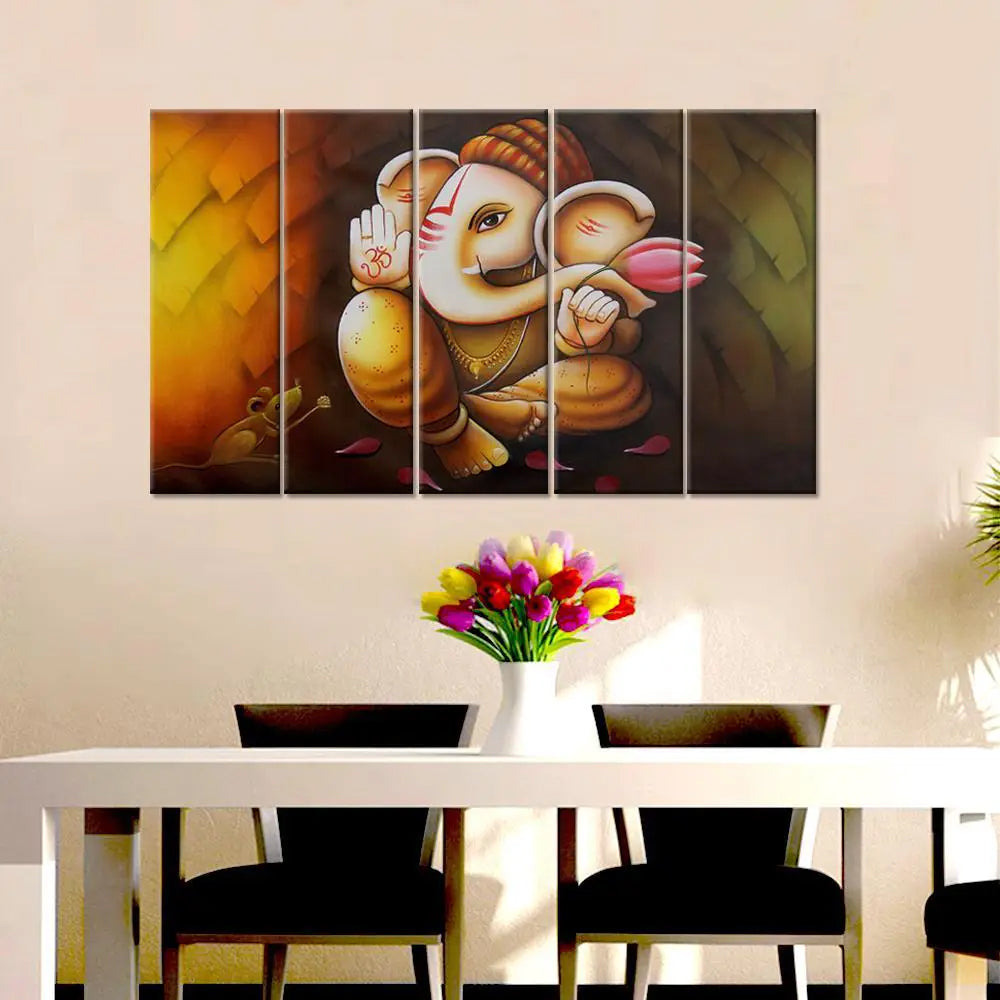 Lord Ganesha Canvas Print  5 Pieces Framed Canvas Wall Painting for Living Room, Bedroom, Office Wall Decoration (24" x 8" Each Panel)