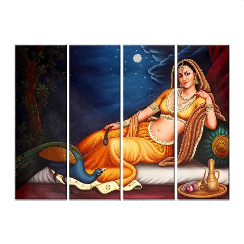 Indian Folk Art Rajasthani Canvas Wall Painting Set | Wooden Frame, 4-Piece Decor (24x8 Each)