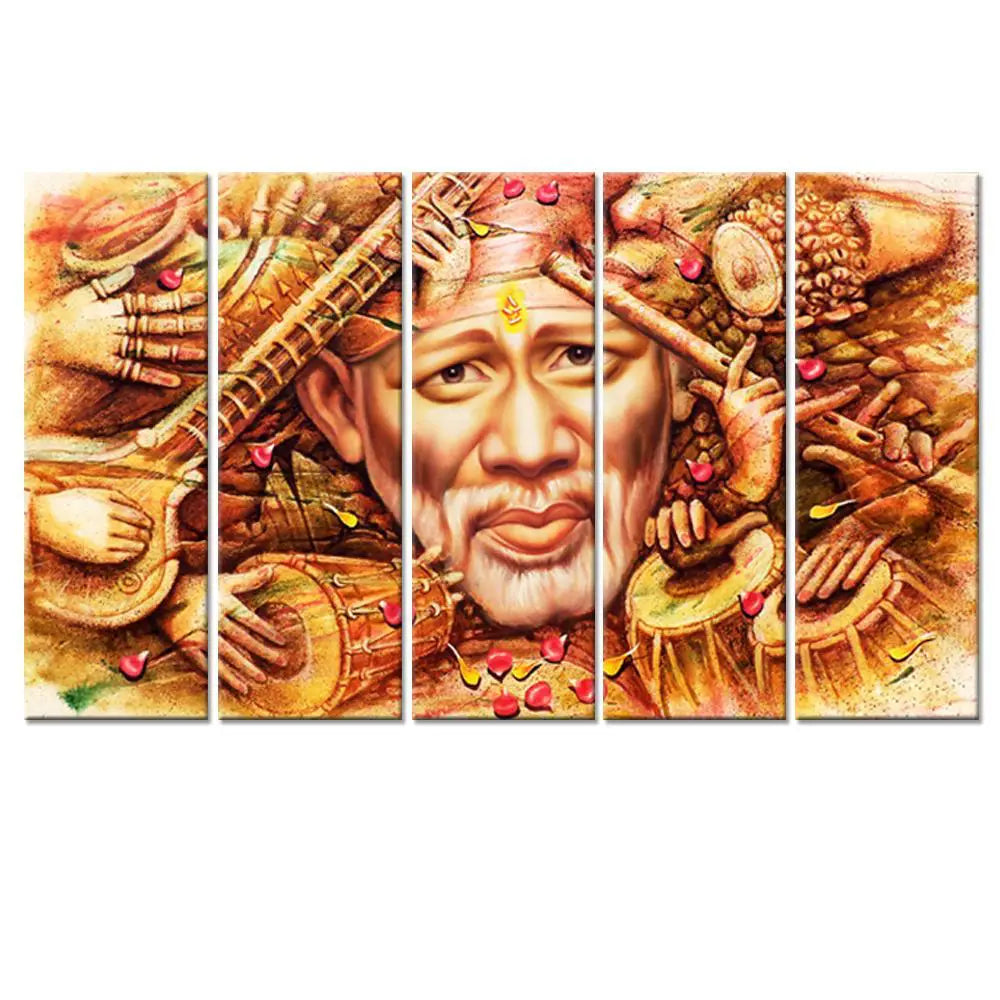 Sai Baba Indian Religious 5 Pieces Canvas Print Wall Painting Framed Canvas Wall Painting for Living Room, Bedroom, Office Wall Decoration (24" x 8" Each Panel)