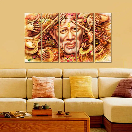 Sai Baba Indian Religious 5 Pieces Canvas Print Wall Painting Framed Canvas Wall Painting for Living Room, Bedroom, Office Wall Decoration (24" x 8" Each Panel)