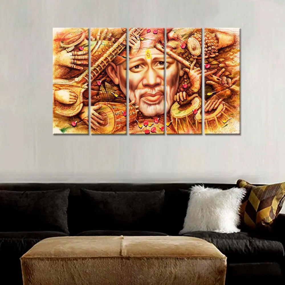 Sai Baba Indian Religious 5 Pieces Canvas Print Wall Painting Framed Canvas Wall Painting for Living Room, Bedroom, Office Wall Decoration (24" x 8" Each Panel)